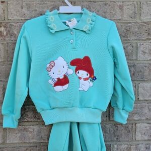 Vintage Hello Kitty Girls Jogging Set Sweater Pants Peter Pan Collar Blu/Grn S4